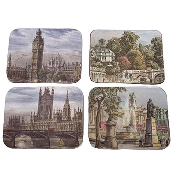 Vintage 8 Coaster Set London Landmarks Tower Bridge Windsor Castle Parliament - Picture 1 of 8